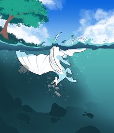 an animated image of a person swimming in the water with a large white object on his back