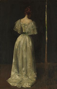 a painting of a woman in a white dress looking into a mirror with her back to the camera