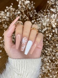 Nude and White Glitter Snowflakes Nails Design/ Coffin Press | Etsy Snowflake Nail Design, New Years Eve Nails, Colorful Nails, Her Nails, Pink Nail