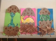 three paper plates with dinosaurs and eggs on them