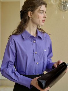 Purple Long Sleeve Shirt For Business Casual, Purple Shirt With Button Cuffs Long Sleeve, Purple Shirt With Button Cuffs And Long Sleeves, Purple Long Sleeve Shirt With Button Cuffs, Purple Long Sleeve Business Casual Top, Purple Long Sleeve Top For Business Casual, Office Long Sleeve Blouse With Pockets, Purple Long Sleeve Blouse For Work, Office Style Long Sleeve Blouse With Button Closure