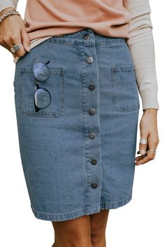 Sky Blue Chic Button Up Denim Skirt Blue Jean Skirt Outfit, Jean Skirt Outfit, Denim Skirts Online, Light Blue Skirts, Blue Jean Skirt, Midi Skirt Outfit, Cheap Skirts, Casual Skirt Outfits, Bodycon Fashion