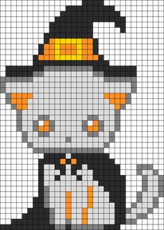 an image of a cross stitch pattern with a cat wearing a witch hat and holding a broom