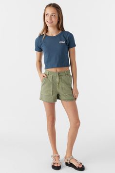 O'Neill Girl's woven short 3'' Inseam Length, 10'' Front Rise Slash Pockets Elastic at Back Waist Back Patch Pockets 100% Cotton twill | O'Neill Girl's Charli Ultility Shorts in Oil Green, Size XL, Twill Green Cotton Short Top, Trendy Cotton Cargo Shorts, Casual Green Cargo Shorts For Summer, High-waisted Green Cargo Shorts For Summer, Green Cotton Cargo Shorts For Spring, Casual Green High-waisted Shorts, Casual High-waisted Green Shorts, Short Green Cotton Bottoms, Green Cotton Cargo Shorts