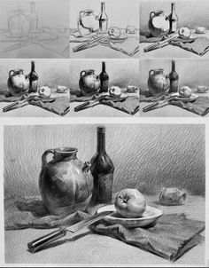 two drawings of still life with apples and bottles