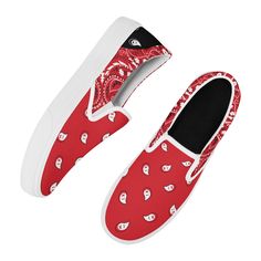 These Red & Black Bandana Pattern Slip On Sneakers are the perfect blend of comfort and fashion. The lightweight construction and slip on design makes them easy to wear and effortless to style. The unique pattern is sure to have you standing out in any crowd. • Classic textured canvas material • Vulcanized rubber sole • Unisex • 9 seizes available Shipping from China (21+ days to reach worldwide destinations on average) Comfortable Red Sneakers, Comfortable Red Flat Sneakers, Comfortable Flat Red Sneakers, Comfortable Red Slip-on Sneakers With Round Toe, Red Casual Slip-on Sneakers With Rubber Sole, Red Slip-on Sneakers For Spring, Comfortable Red Slip-on Sneakers, Casual Slip-on Canvas Shoes For Streetwear, Trendy Breathable Slip-on Canvas Shoes