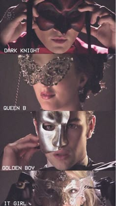 a series of photos with different masks and words on them that say it is dark knight, queen b, golden boy