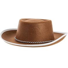 Saddle up young buck! This Cowboy Hat for kids is made of brown felt-like fabric and finished with bold white trim around the brim. An adjustable black and white rope cord keeps it from lifting off in a breeze and rolling away like tumbleweeds. Great for cowboys and cowgirls alike! pbChild Cowboy Hat product details:-b-p ul li9 1-2in wide x 12in long x 3 1-4in tall-li liFabric-li liAdjustable chinstrap-li liOne size fits most children-li -ul Cowboy Hat Halloween Costume, Kids Cowboy Hats, Hat Halloween Costume, Young Buck, Oktoberfest Halloween, Hat For Kids, Chapeau Cowboy, White Rope, Halloween Costume Shop