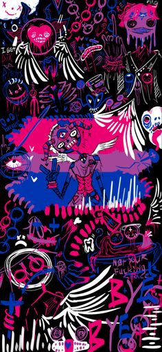 an image of graffiti on a black background with pink, blue and purple inks