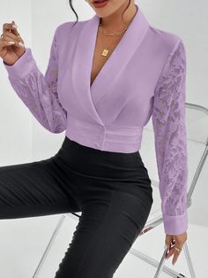 Purple Elegant Collar Long Sleeve Woven Fabric Plain Shirt Embellished Non-Stretch  Women Clothing Design Blouse, Diy Fashion Hacks, Lace Splicing, Plain Shirt, Simple Trendy Outfits, Plain Shirts, Floral Print Blouses, Wearing Clothes, Diy Fashion