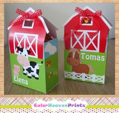 two small boxes with farm animals on them, one is red and the other is green