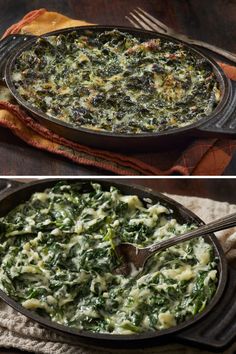 spinach and cheese casserole in a cast iron skillet