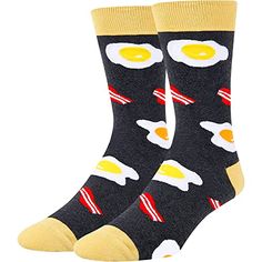 BACON SOCKS & EGG SOCKSBacon socks men, egg socks men. Nothing like starting your morning with soft combed cotton on your feet! Wear your favorite breakfast right on your feet with these bacon and eggs design food socks.SIZE & PACKINGBacon gifts for bacon lovers, egg gifts. These meat socks fit for sock size 8-14, men shoe size 7-13. 1 pair comes in each plastic zippered bag.QUALITY MATERIALBacon and eggs socks use 80% combed cotton, 17% polyamide, 3% spandex to ensure our egg socks are Pickle Cake, Cake Popcorn, Bacon Gifts, Donut Socks, Funny Socks For Men, Bacon Funny, Food Socks, Bacon And Eggs, Bacon Lover