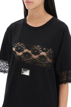 66% Cotton, 24% Polyamide, 10% Viscose Lace T Shirt, Dolce Gabbana T Shirt, Shirt With Lace, Lace Tshirt, Feminine Chic, Tshirt Crafts, Latest Fashion Design, Lace Print, Trim Top