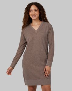 32 Degrees Sienna Heather _ Women's Soft Sweater Knit Vneck Dress {model: Renee is 5'9" Winter V-neck Sweater For Loungewear, Cozy Knit V-neck Sweater Dress, Casual V-neck Sweater Dress For Loungewear, Winter V-neck Sweater Dress For Loungewear, Knit V-neck Sweater Dress For Loungewear, Fall V-neck Sweater Dress For Loungewear, V-neck Sweater Dress For Fall Loungewear, Fall Sweater Dress V-neck For Loungewear, Cozy Sweater Dress For Loungewear