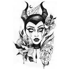 a drawing of a woman with horns and roses on her head, in black ink