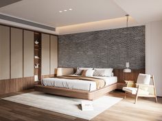 a bedroom with a brick wall and wooden furniture in the corner, along with a white rug on the floor