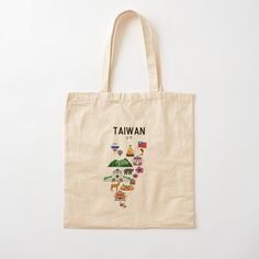 100% cotton reusable shopping carry bag with digital print on one side. Map of Taiwan representing some of the specialities. Best to wear on a shirt or Pullover. Casual Canvas Bag With Graphic Print For Daily Use, Casual Cotton Canvas Bag With Screen Print, Casual Canvas Bag With Screen Print, Casual Cotton Canvas Bag For Daily Use, Cotton Screen Print Bag As Gift, Cotton Screen Print Bag Gift, Screen Print Cotton Bag For Gift, Rectangular Cotton Canvas Bag With Screen Print, Casual Cotton Canvas Bag With Eco-friendly Ink