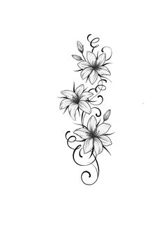 a black and white drawing of flowers with swirls on the bottom half of it