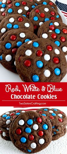 red, white and blue chocolate cookies on a plate