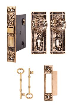 an assortment of decorative door handles and latches