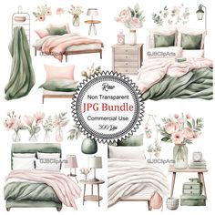 watercolor bedroom clipart set with bedding and pillows, flowers in vases