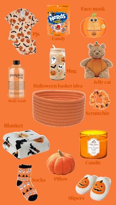 an orange background with halloween items on it