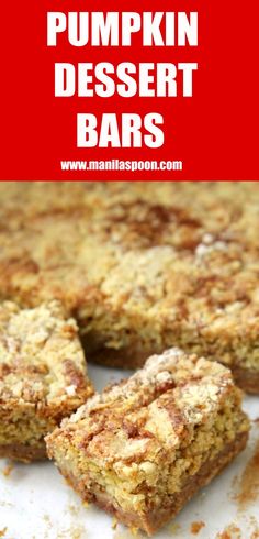 pumpkin dessert bars with crumbs on top and the words, pumpkin dessert bars