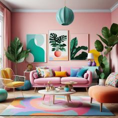 a living room filled with lots of colorful furniture