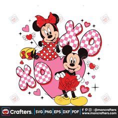 mickey and minnie mouse with checkered hearts in the shape of letters for valentine's day