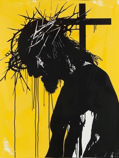 a black and yellow painting of a man with a cross on his head, dripping paint