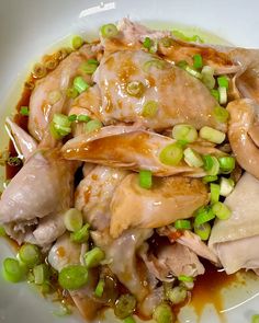 a white plate topped with meat covered in gravy and green onions on top of it