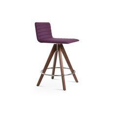 an upholstered bar stool with wooden legs and purple fabric seat pad, viewed from the front