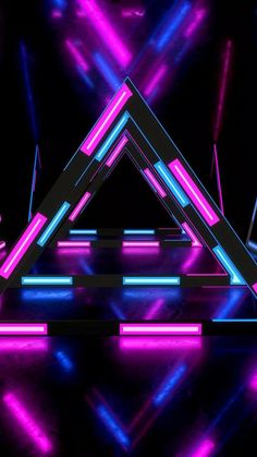 an abstract background with neon colored lights and lines in the shape of three triangles on top of each other