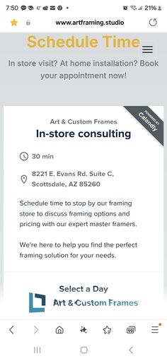 an advertisement for the art and custom framing business, with text that reads schedule time