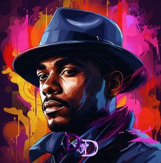 a painting of a man wearing a blue hat and purple shirt with an orange background