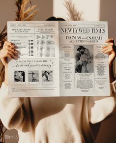 a woman is holding up a newspaper with pictures on it and the front page reads, newly wed times