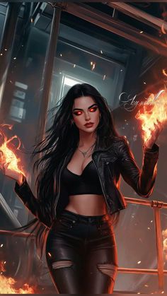 a woman with long hair and red eyes is holding fire in her hand, while wearing black