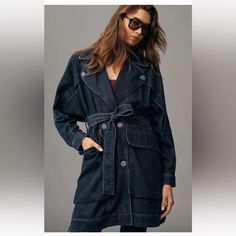 Anthropologie Pilcro Oversized Draped Dolman Denim Trench Coat Belted Dark New With Tags * Size: Xl Retail Price $198 Cotton * Lyocell 44 Inches Around Bust Relaxed 42 Inches Long Style Essentials, Denim Trench Coat, Blue Trench Coat, Classic Trench Coat, Anthropologie Jacket, Plaid Blazer, Boho Blouses, Premium Denim, Fall Outfits Women