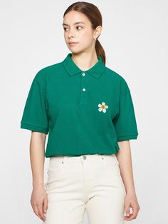 Editor's NotesThis essential polo shirt is simply accented with a dense embroidery of signature flower motif and easily goes with any bottoms. It's cut from soft touch cotton and poly-blend pique.- Polo collar- Half placket with button fastenings- Graphic embroidery on the chest- Drop shoulder- Short sleeves- Relaxed fit- Unisex wear- Minimize distortion after washingMeasurements (in.)S / M / L- Total Length: 28.0 in. / 29.5 in. / 31.1 in.- Shoulder: 19.3 in. / 20.5 in. / 21.3 in.- Chest: 20.9 in. / 22.0 in. / 22.8 in.- Sleeve Length: 8.3 in. / 8.7 in. / 9.1 in.Model Info:- Man: 5' 10.1, 143.3 lbs / Fitting size L- Woman: 5' 5, 112.4 lbs / Fitting size SComposition & Care- 80% Cotton, 20% Polyester (20's)- Recommend separate wash at low temperature water using neutral detergent or dry Spring Polo Collar T-shirt, Green Relaxed Fit Polo Shirt, Casual Embroidered Polo Collar Top, Green Collared Cotton Polo Shirt, Green Cotton Collared Polo Shirt, Spring Cotton Polo Shirt With Collared Neckline, Spring Collared T-shirt, Green Casual Polo Shirt For Spring, Embroidered Cotton Top With Collared Neckline