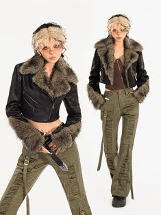 Fur Integrated Coat | Byunli Fur Coat Leather Pants, Fur Coat Reference, Fur Cuffs Outfit, Russian Fur Coats, Grunge Winter Jacket, Sns Ideas, Fur Shirt, Fur Pants, Clothes Study