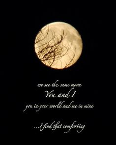 a full moon with trees in the foreground and a poem written below that reads, you are the same moon you and i you in your world and me in mine