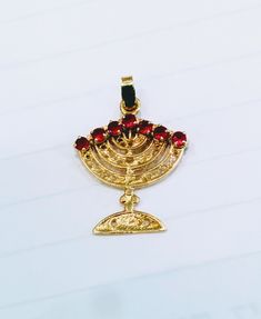 Menorah Pendant, Gold, filigree double sided Menorah , one side red Ruby other side with deep blue sapphire on top the Candles. hamsa ring, hebrew ring, star of david ring, menorah, shema ring, jewish rings, mezuzah necklace, jewish ring, tree of life ring, jewish star ring, israel ring, hamsa rings, star of david, jewish jewelry, jewish antiques, chai pendant, bible verse ring, shema israel ring, chai necklace for men, 1990s star of david ring, Menorah,