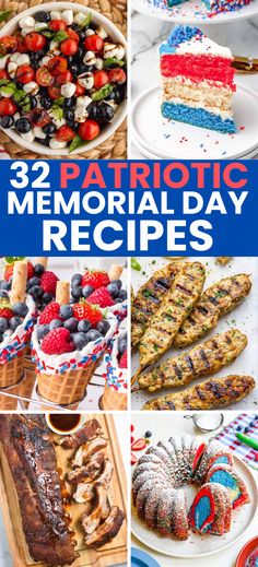 patriotic memorial day recipes and desserts are featured in this collage with text overlay