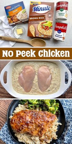 no peek chicken recipe with broccoli, rice and other ingredients on the side