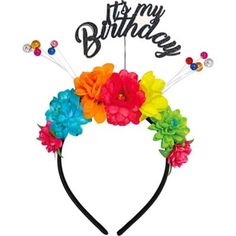 Spring into celebration with some flowers in your hair. This Multicolor Floral Birthday Headband makes for an eye-popping entrance. Colorful fabric flower embellishments sit upon a solid black headband featuring a springy It's My Birthday declaration at the top. This floral birthday headband is the perfect birthday accessory. Bright Multicolor Floral Birthday Headband product details:  One size fits most teens and adults Head Flower Crown, Flower Crown Birthday, Head Flower, Colorful Headbands, Crown Birthday, Birthday Headband, Birthday Cheers, Flower Crown Headband, Mini Balloons