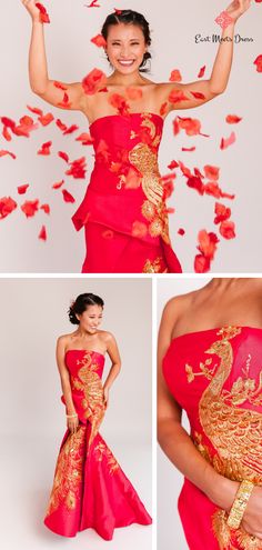 An Asian-inspired strapless gown decorated with a beautiful peacock embroidery. The corset back allows you to easily adjust the size and comfort of the dress. It’s the perfect dress for you to embrace your culture in for any special occasion.  #cheongsam #qipao #teaceremonydress #chinesedress #chineseweddingdress #moderncheongsam #modernqipao #teaceremony #peacockdress #mermaidqipao #laceqipao #redqipao #weddingqipao #weddingcheongsams #corsetdress #corsetqipao #eastmeetsdress Peacock Wedding Dress, Gold Cheongsam, Peacock Wedding Dresses, Modern Qipao Dress, Modern Chinese Dress, Tea Ceremony Dress, Wedding Qipao, Peacock Embroidery, Chinese Embroidered