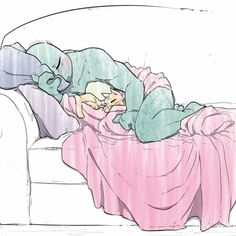 a drawing of a person laying on a couch with a blanket over their head and sleeping