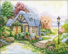 a painting of a house in the middle of a garden with flowers and trees around it