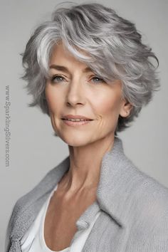 Image of a woman with gray choppy pixie haircut Thick Wavy Gray Hair Styles, Short Wavy Grey Hairstyles, Wavy Gray Hair Over 50 Bob Hairstyles, "bixie" Haircut Grey, Gray Wavy Shag Haircut, Short Grey Shag Wigs, Grey Hair With Bangs, Best Human Hair Wigs, Longer Pixie Haircut